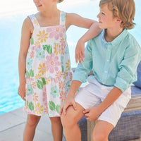Little English classic children's clothing, girl's multicolored floral tank dress for spring, boy's aqua gingham button down shirt with white twill shorts