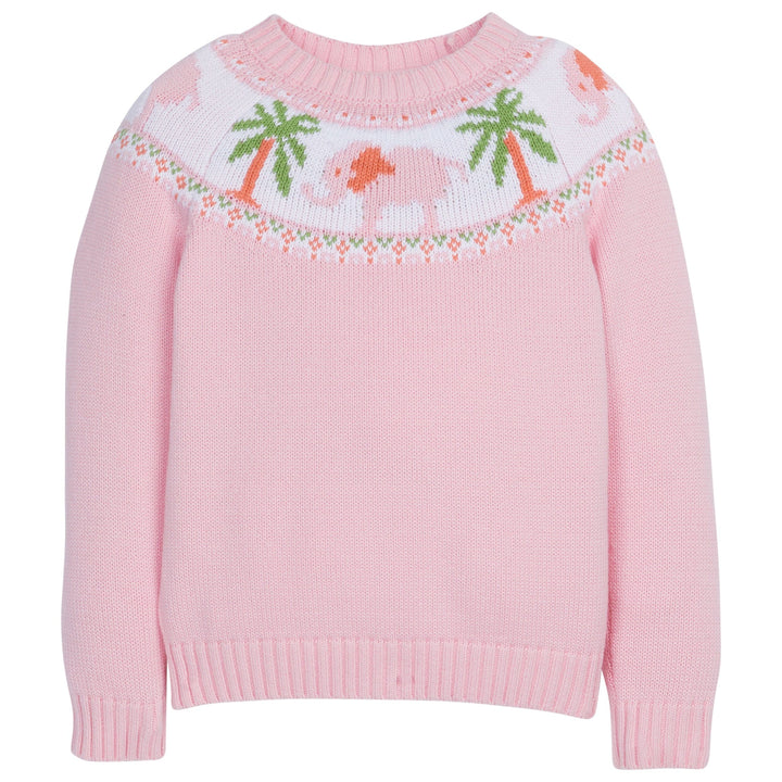 Little English classic childrens clothing toddler girl pink fair isle sweater with elephant and palm tree motifs