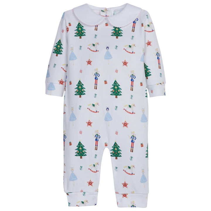 little english classic childrens clothing girls playsuit with nutcracker and christmas tree motif and peter pan collar