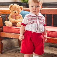Little English traditional children's clothing, Graham Short Set with red bottoms and collared white top, smocked detailing on chest and buttons around hips, for little boy