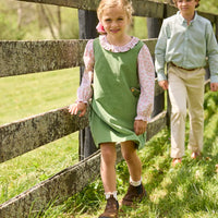 Little English traditional children's clothing. Watercress Green and pink floral long sleeve jumper set for girls.