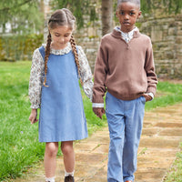 Little English traditional clothing, long sleeve button down shirt in brown and light blue brownfield plaid pattern for little boy