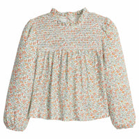 little english classic children's clothing light orange and green floral long sleeve top with ruching detail and high neck for girls for fall