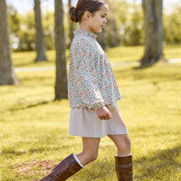 Little english classic childrens clothing, hallie top in orange, blue, and green james floral, paperbag bow skirt in stone corduroy