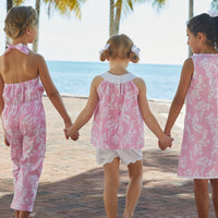 Little English classic knee length pink pocket shift dress with tropic pattern in white