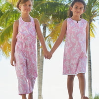 Little English classic knee length pink pocket shift dress with tropic pattern in white