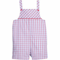 Little English traditional children's clothing. Patriotic red and blue plaid shortall for toddler boys. Boy's 4th of July outfit.