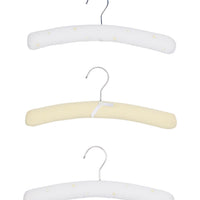 Little English traditional children's clothing. Set of 3 unisex padded hangers for baby clothing - 2 white with yellow and white dots, 1 with yellow and white stripes