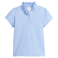 Little English classic children's clothing, girl's light blue knit polo shirt with ruffled collar