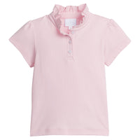 Little English classic children's clothing, girl's light pink knit polo shirt with ruffled collar