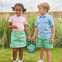 Little English traditional children's clothing. Boy's green twill shorts with golf cart print