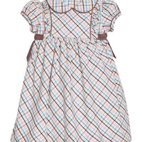 Little English traditional children's clothing. Short sleeve peter pan dress in blue, pink, and brown Wilmington Plaid with brown corduroy piping and bow details for little girls.