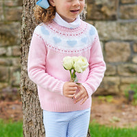 Little English traditional children's clothing, light pink knit fair isle sweater with hearts around chest and shoulder, for little girl