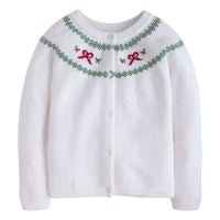 Little English traditional girl's clothing, classic holiday cardigan for fall, red holiday bow fair isle sweater
