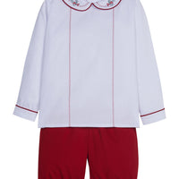 little english classic childrens clothing holly and feather stitch shirt with peter pan collar and red pull on shorts