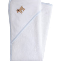 Little English white terry cloth baby towel, hooded towel with embroidered lab and light blue trim