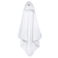 Little English white terry cloth baby towel, hooded towel with embroidered lab and light blue trim