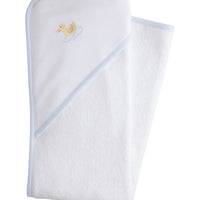 Little English white terry cloth baby towel, hooded towel with embroidered yellow duck and light blue trim