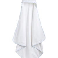 Little English white terry cloth baby towel, hooded towel with embroidered yellow duck and light blue trim