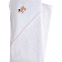 Little English white terry cloth baby towel, hooded towel with embroidered lab and light pink trim
