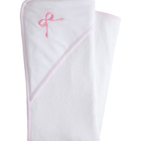 Little English white terry cloth baby towel, hooded towel with embroidered pink bow and light pink trim