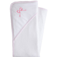 Little English white terry cloth baby towel, hooded towel with embroidered pink bow and light pink trim