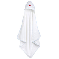Little English white terry cloth baby towel, hooded towel with embroidered red sailboat and light blue trim