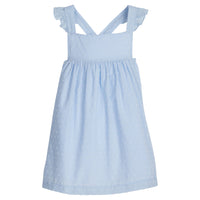 Little English traditional children's clothing. Girl's light blue dress with white dots for Spring