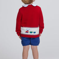 Little English classic fall cardigan with multicolored trains, red boy's traditional fall sweater, long sleeve shirt with train pinpoint on collar, banded short in royal blue corduroy, for little boy