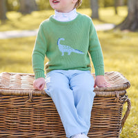 little english classic childrens clothing, intarsia sweater with blue dinosaur motif, printed turtleneck with dinosaur pattern, banded pant in light blue cirduroy, boys outfits for fall