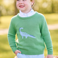 little english classic childrens clothing, intarsia sweater with blue dinosaur motif, printed turtleneck with dinosaur pattern, banded pant in light blue cirduroy, boys outfits for fall