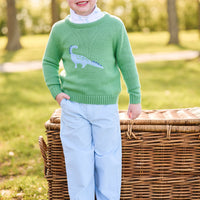 little english classic childrens clothing, intarsia sweater with blue dinosaur motif, printed turtleneck with dinosaur pattern, banded pant in light blue cirduroy, boys outfits for fall