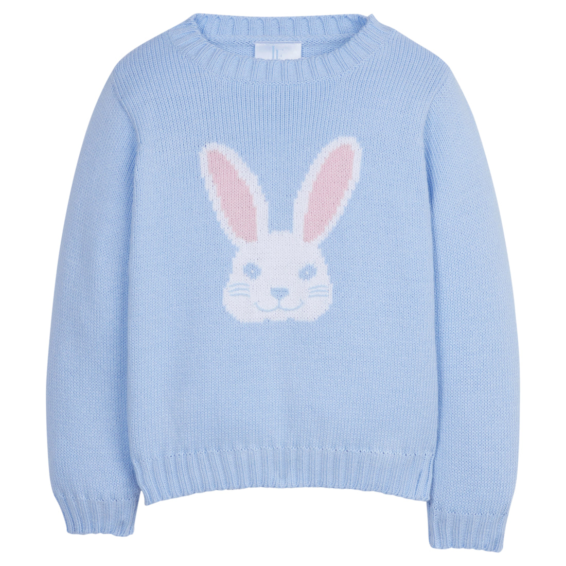 Little English classic intarsia sweater, light blue with white bunny with pink ears, traditional children&