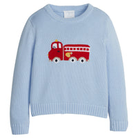 Little English traditional boy's clothing, light blue fire truck intarsia sweater for fall
