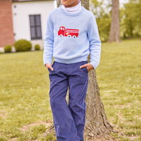 Little English traditional boy's clothing, light blue fire truck intarsia sweater, solid turtleneck in white, pull on pant in navy corduroy, fall outfit for boys