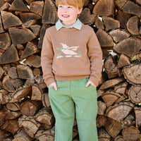 little english classic children's clothing boys chestnut brown sweater with flying mallard motif, Long sleeve polo in watercress green stripe, pull on pant in watercress green corduroy for fall