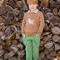 little english classic children's clothing boys chestnut brown sweater with flying mallard motif, Long sleeve polo in watercress green stripe, pull on pant in watercress green corduroy for fall