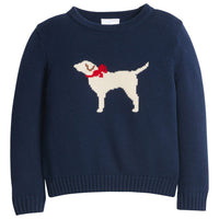 little english classic children's clothing girls navy sweater with red bow on cream lab motif for fall