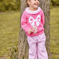 little english classic children's clothing hot pink sweater with white bow motif, Double london blouse with hot pink trim on collar, banded bow pant in pink vinings pattern, fall outfit for girls