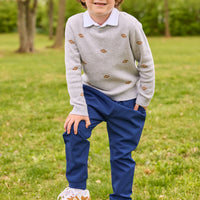 little english classic children's clothing, intarsia sweater with multi football motif, long sleeve polo in white, sport pant in navy