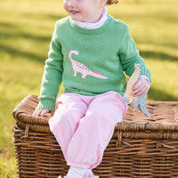 little english classic children's clothing green sweater with pink dinosaur motif, printed turtleneck in pink dinosaur print, banded bow pant in light pink corduroy, for girls