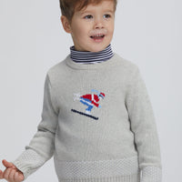 Little English traditional children's clothing. Intarsia sweater with Ski motif on chest, striped turtleneck in navy, banded Pant in Navy, for little boy