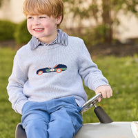 little english classic children's clothing gray sweater with vintage race car motif, long sleeve polo in navy stripe, pull on pant in stormy blue corduroy, boys outfit for fall