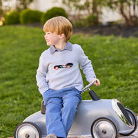little english classic children's clothing gray sweater with vintage race car motif, long sleeve polo in navy stripe, pull on pant in stormy blue corduroy, boys outfit for fall