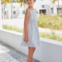 Little English classic knee high dress with a floral pattern in pink, purple, and blue