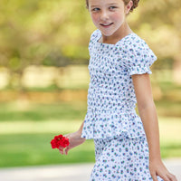 Little English traditional children's clothing, Red and blue floral print blouse and skirt for girls for summer, 4th of July top for girls