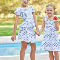 Little English traditional children's clothing, Red and blue floral print blouse for girls for summer, 4th of July top for girls