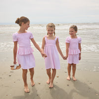 Little English classic leela dress in jaipur pink with smocked details and self tie shoulder straps, for little girl