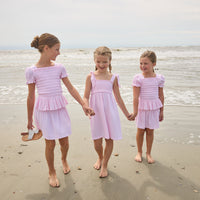 Little English classic isla top in jaipur pink with smocked details, isla skirt in jaipur pink, Leela dress with tie shoulders in jaipur pink, for little girls