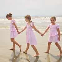 Little English classic isla top in jaipur pink with smocked details, isla skirt in jaipur pink, Leela dress with tie shoulders in jaipur pink, for little girls